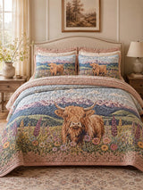 Highland Cow Wildflower Meadow Quilted 3-Piece Bedding Set