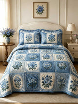 Blue Hydrangea Garden Patchwork 3-Piece Quilted Bedding Set