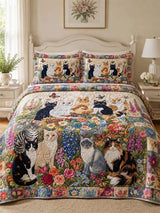 Wildflower Cat Garden Quilted 3-Piece Bedding Set