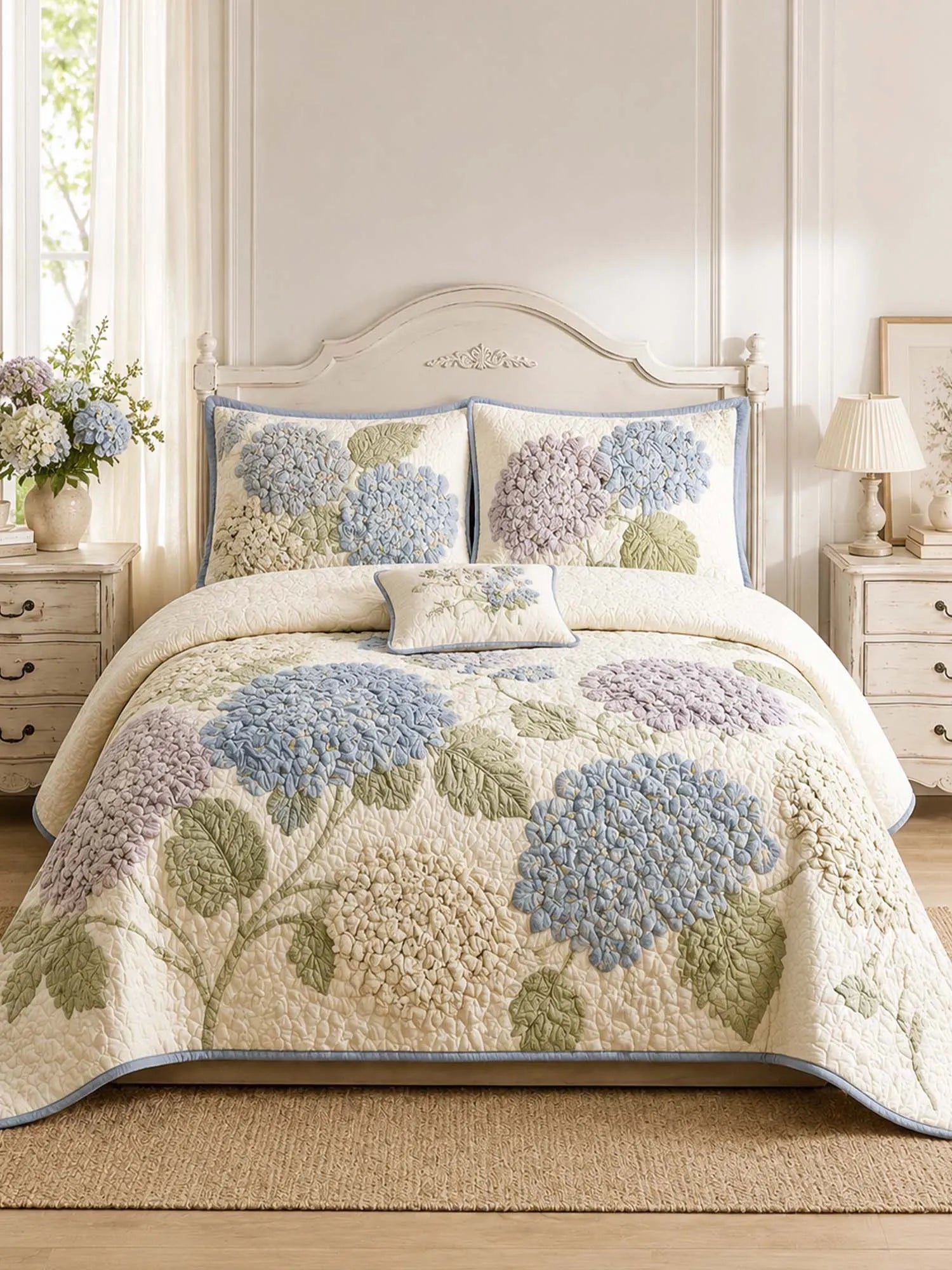 Hydrangea Floral Quilted 3-Piece Bedding Set – Luxury Quilted Bedding with Matching Pillow Shams