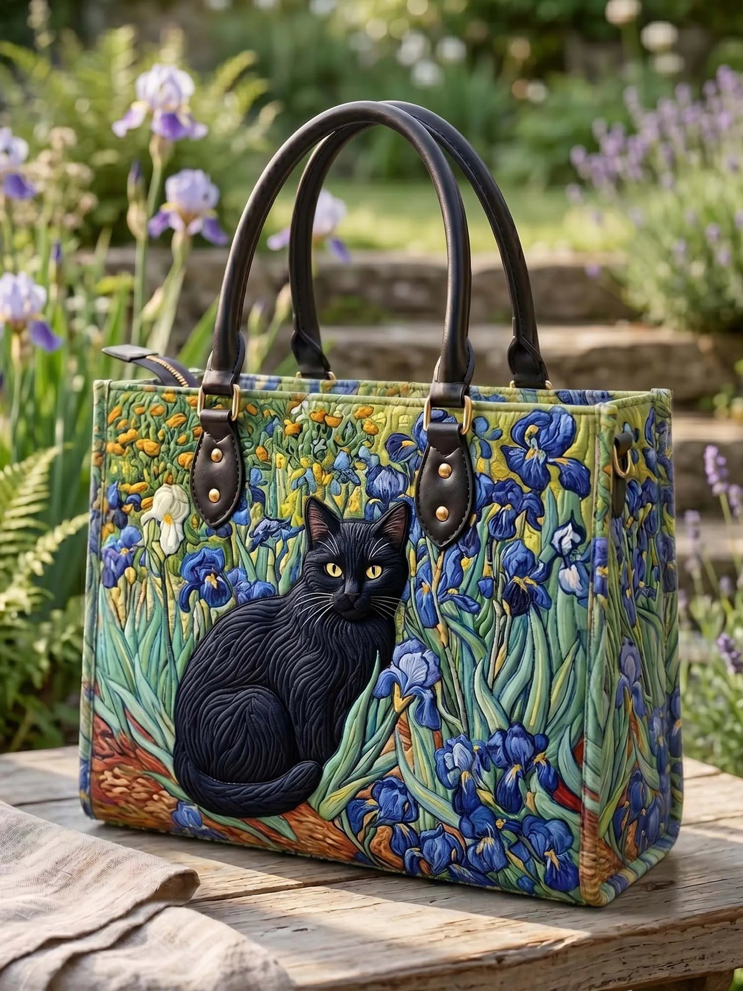 Irises And A Cat Quilted Leather Strap Bible Handbag