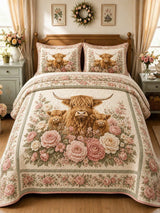 Highland Cow Family Floral Garden 3-Piece Quilted Bedding Set