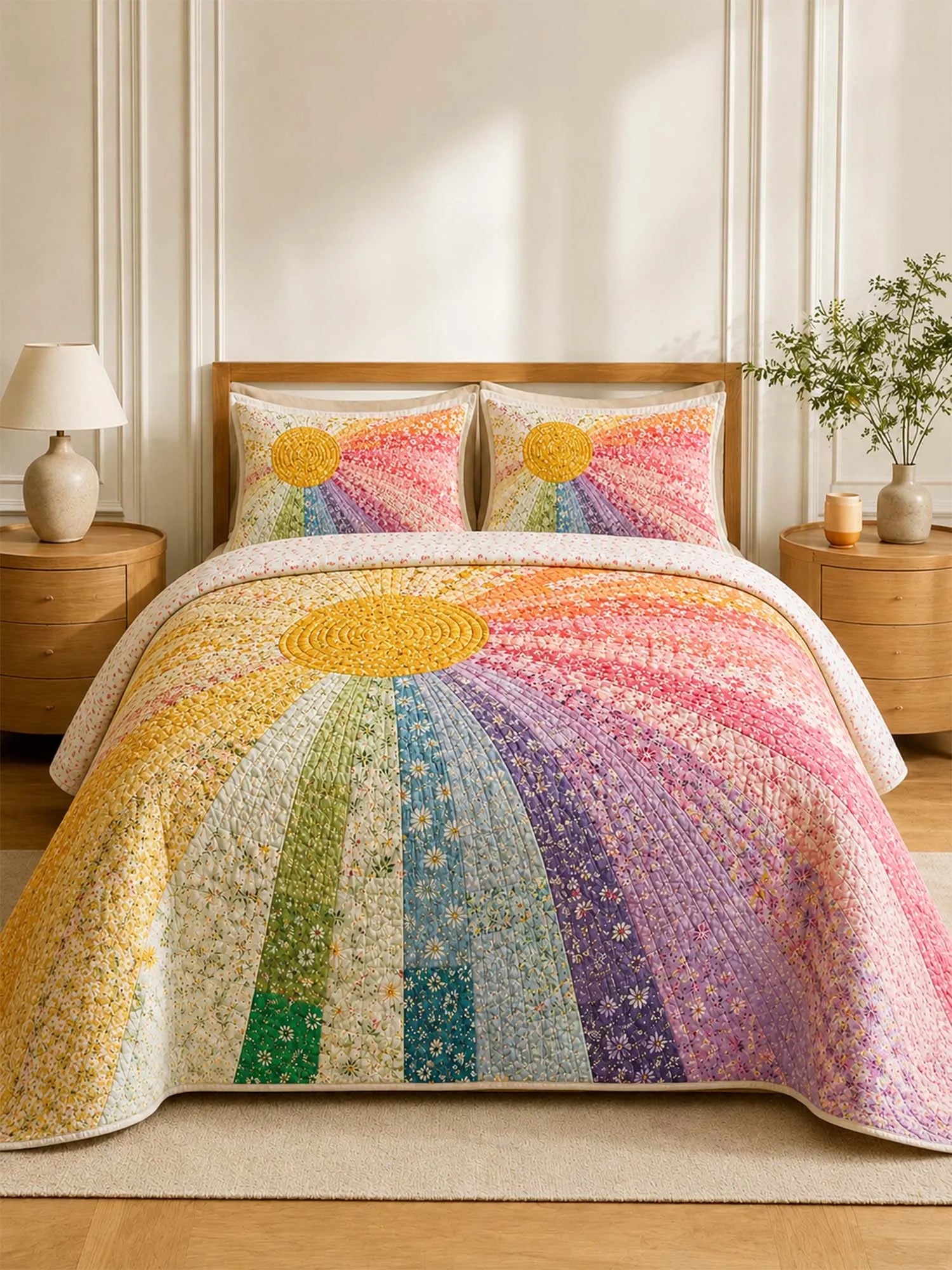 Rainbow Sunburst Quilted 3-Piece Bedding Set – Bohemian Vintage Quilted Bedding With Matching Pillow Shams