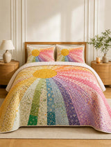 Rainbow Sunburst Quilted 3-Piece Bedding Set – Bohemian Vintage Quilted Bedding With Matching Pillow Shams