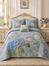 Blue Hydrangea Floral Quilted 3-Piece Bedding Set – Luxury Quilted Bedding With Matching Pillow Shams