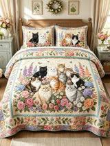 Garden Cat Gathering 3-Piece Quilted Bedding Set