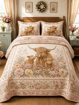 Highland Cow Family Floral Garden 3-Piece Quilted Bedding Set