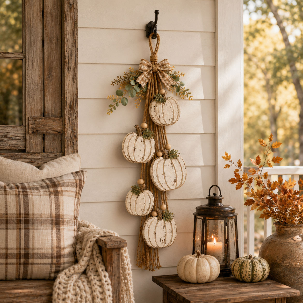 5-Pumpkin Rustic White Hanging Swag – Fall Door & Wall Decor