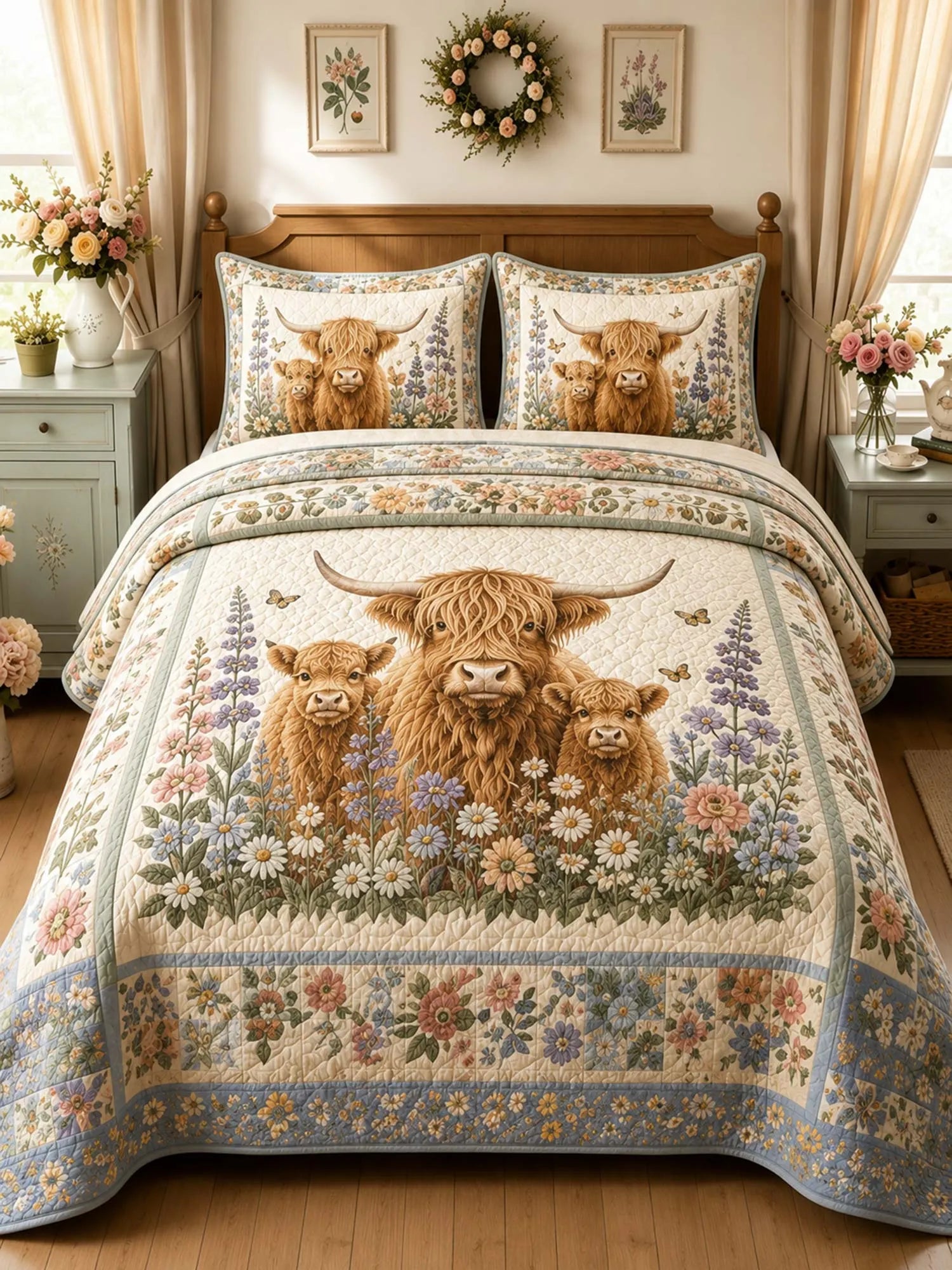 Garden Highland Cow Gathering 3-Piece Quilted Bedding Set