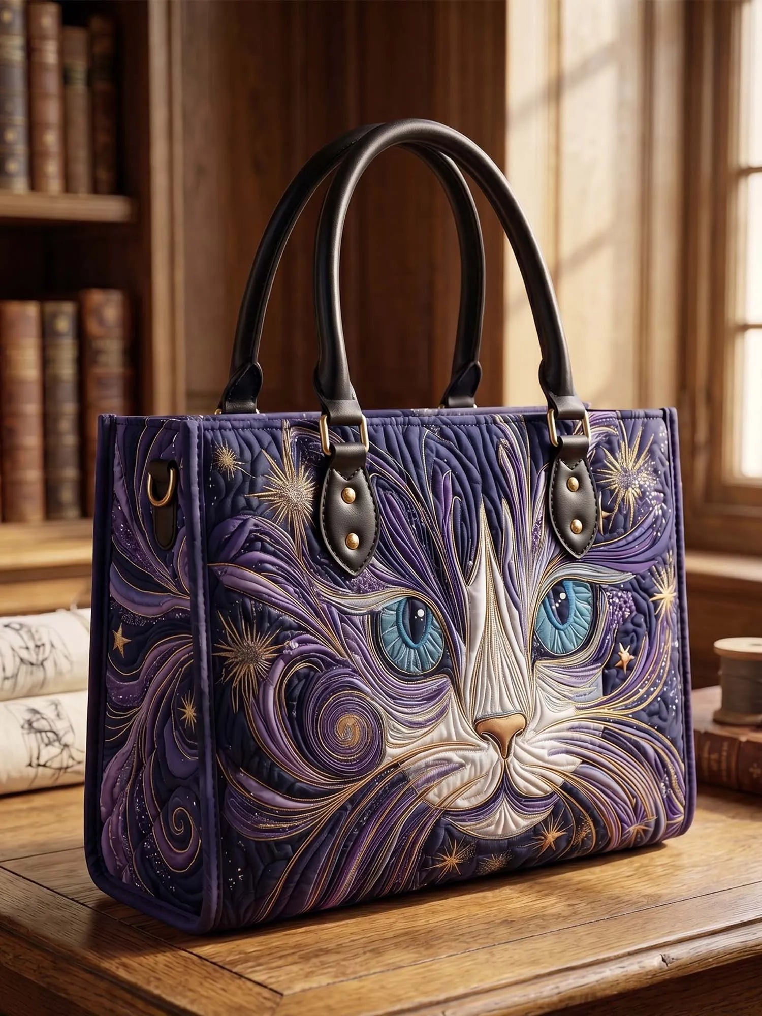 Mystical Cat Quilted Leather Strap Bible Handbag