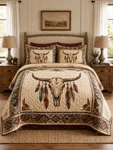 Longhorn Skull Western Quilted 3-Piece Bedding Set – Vintage Ranch Style Quilted Bedding with Matching Pillow Shams