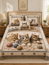Cat Lovers Cozy Yarn Quilted 3-Piece Bedding Set