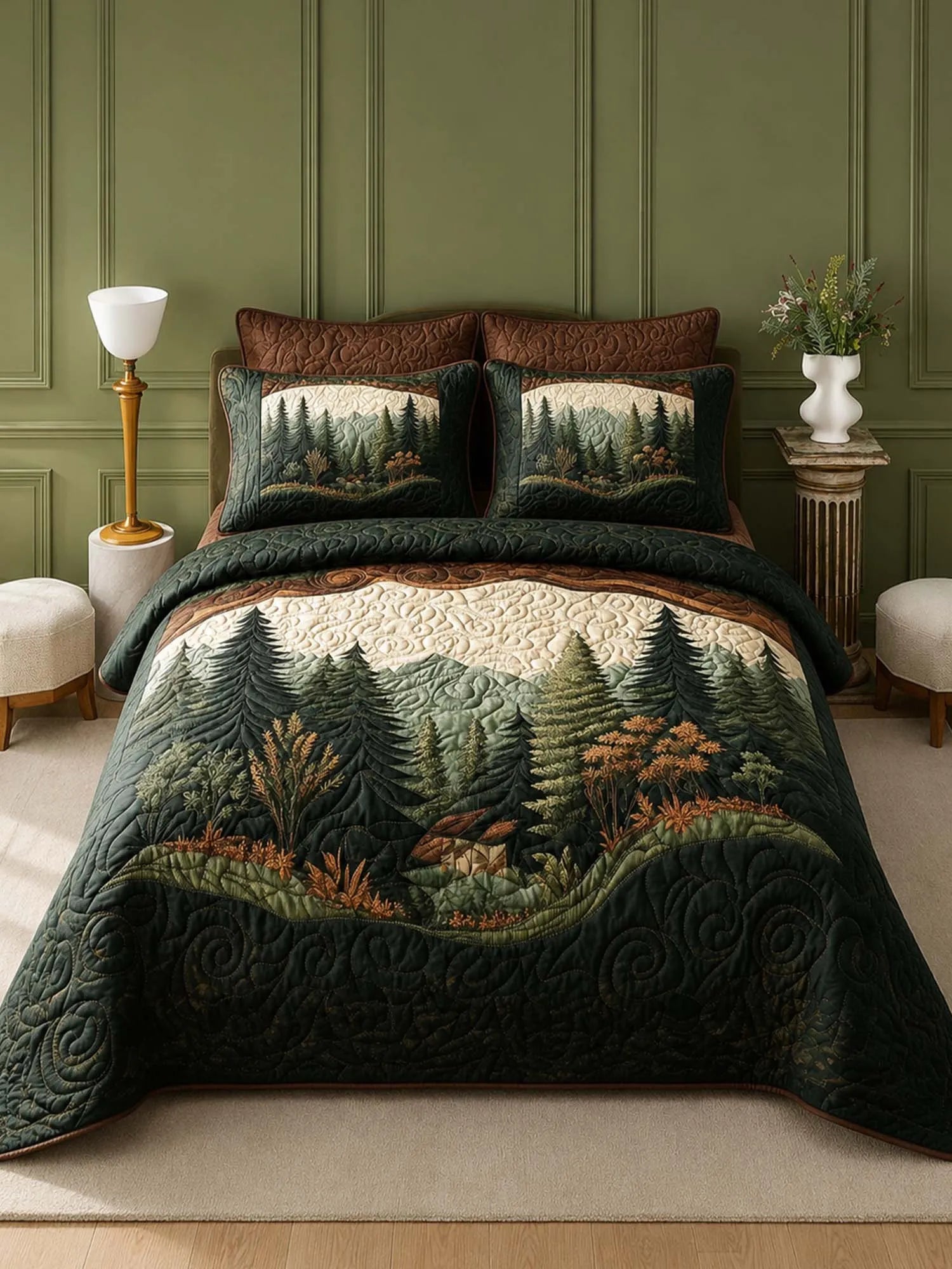 Dark Forest Retreat Quilted 3-Piece Bedding Set