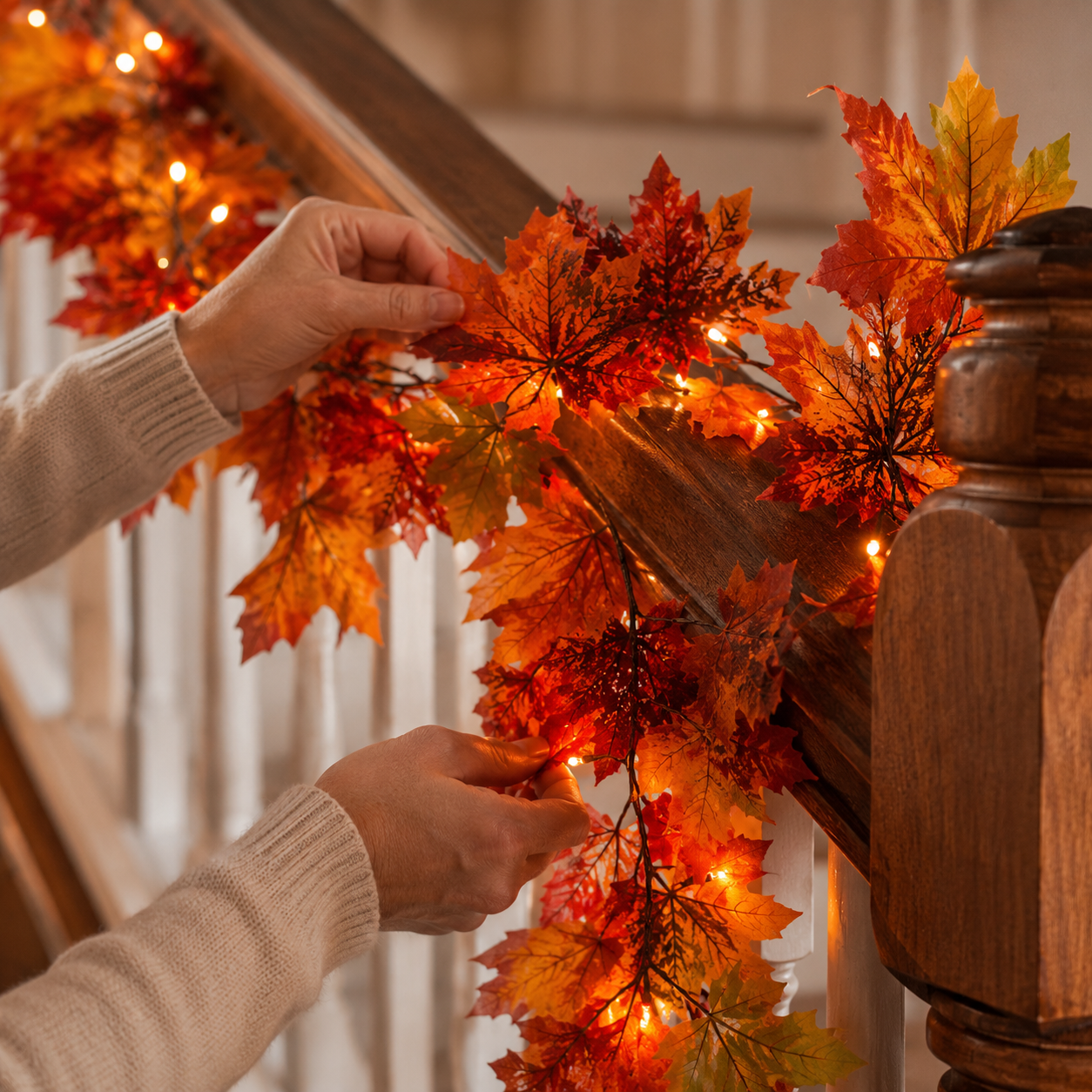 Lighted Fall Maple Leaf Garland with Remote Control