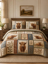 Highland Cow Quilted 3-Piece Bedding Set – Classic Americana Quilted Bedding With Matching Pillow Shams