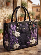 Black Cat And Flower  Quilted Leather Strap Bible Handbag