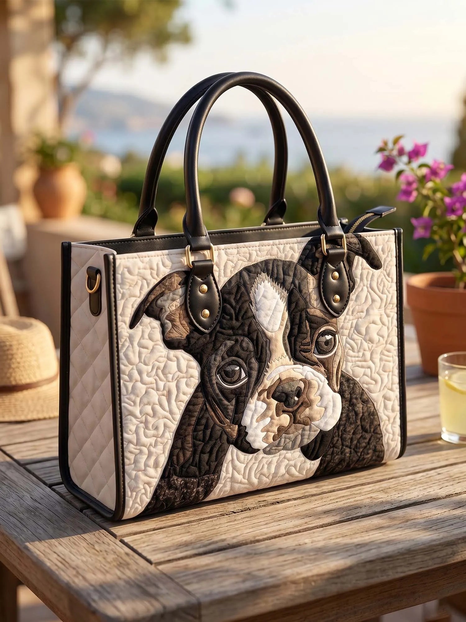Boston Dog Quilted Leather Strap Bible Handbag