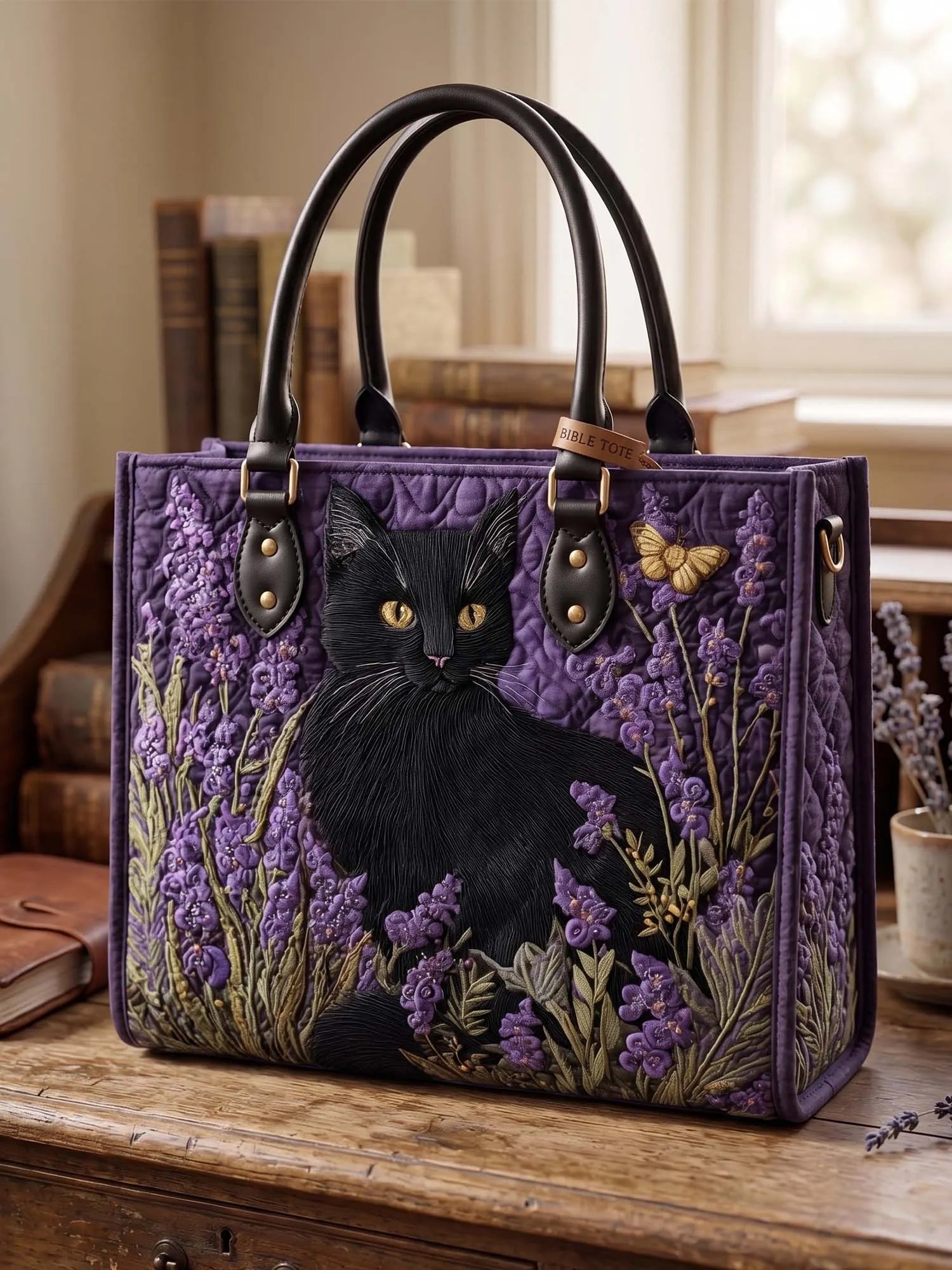 Lavender And The Black Cat Quilted Leather Strap Bible Handbag