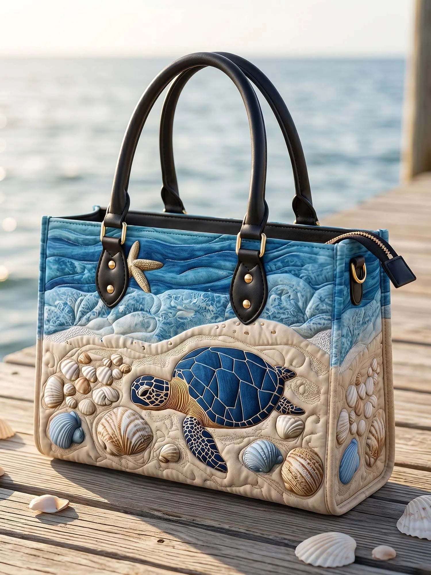 Sea Turtle Quilted Leather Strap Bible Handbag