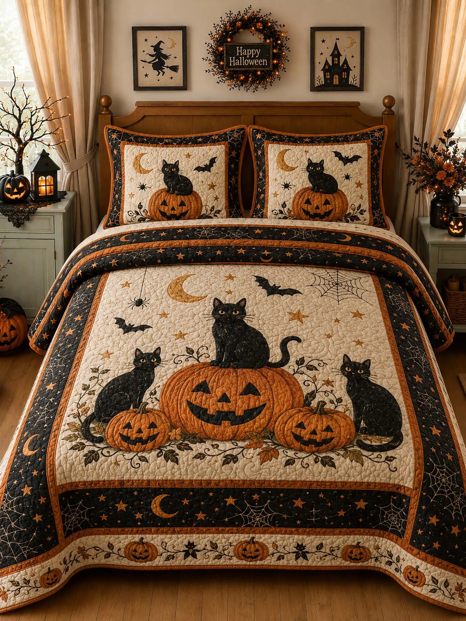 Vintage Witch Hat Black Cat Pumpkin Halloween Patchwork 3‐Piece Quilted Bedding Set