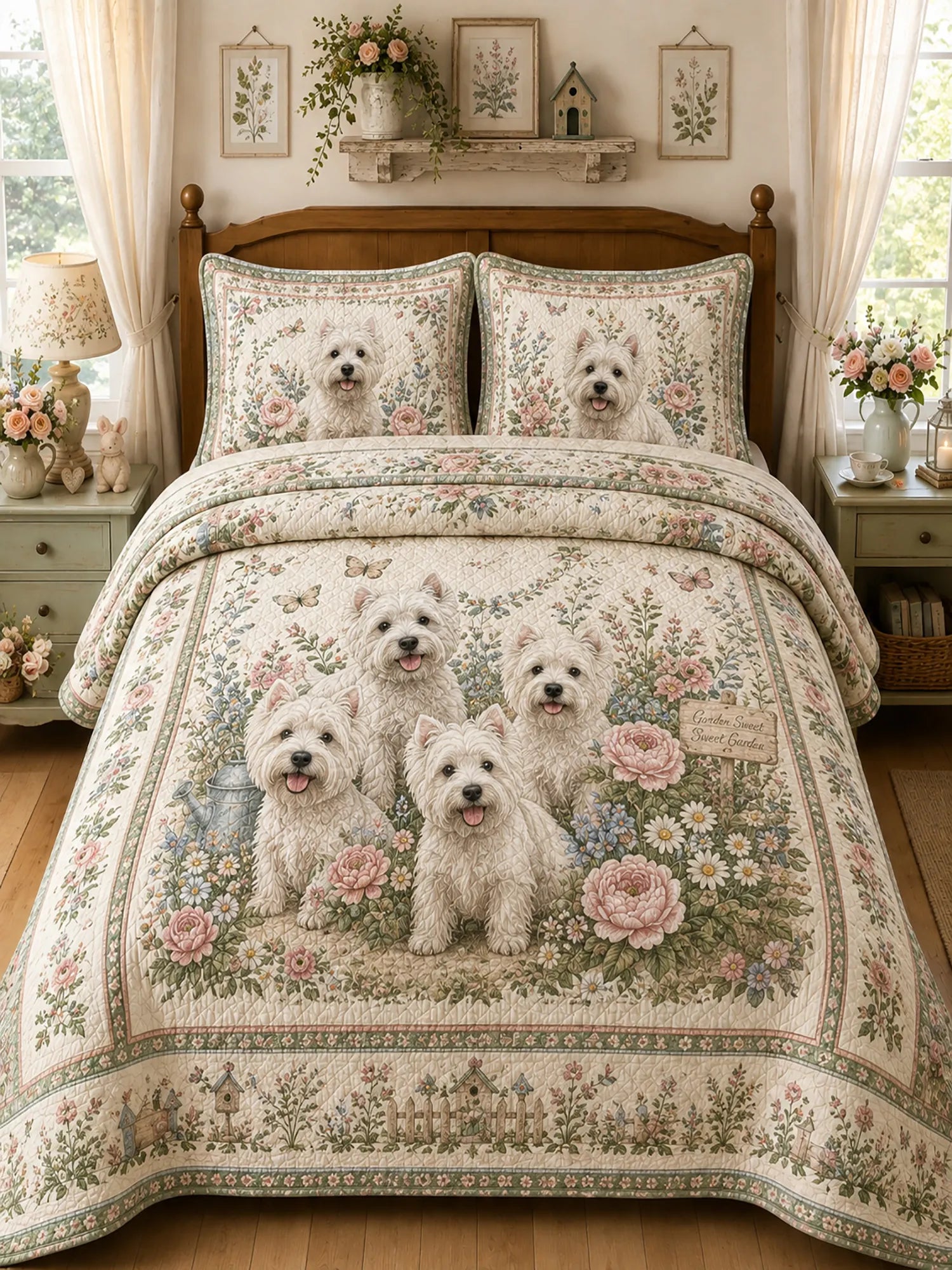 Westie Puppy Floral Gathering 3‐Piece Quilted Bedding Set
