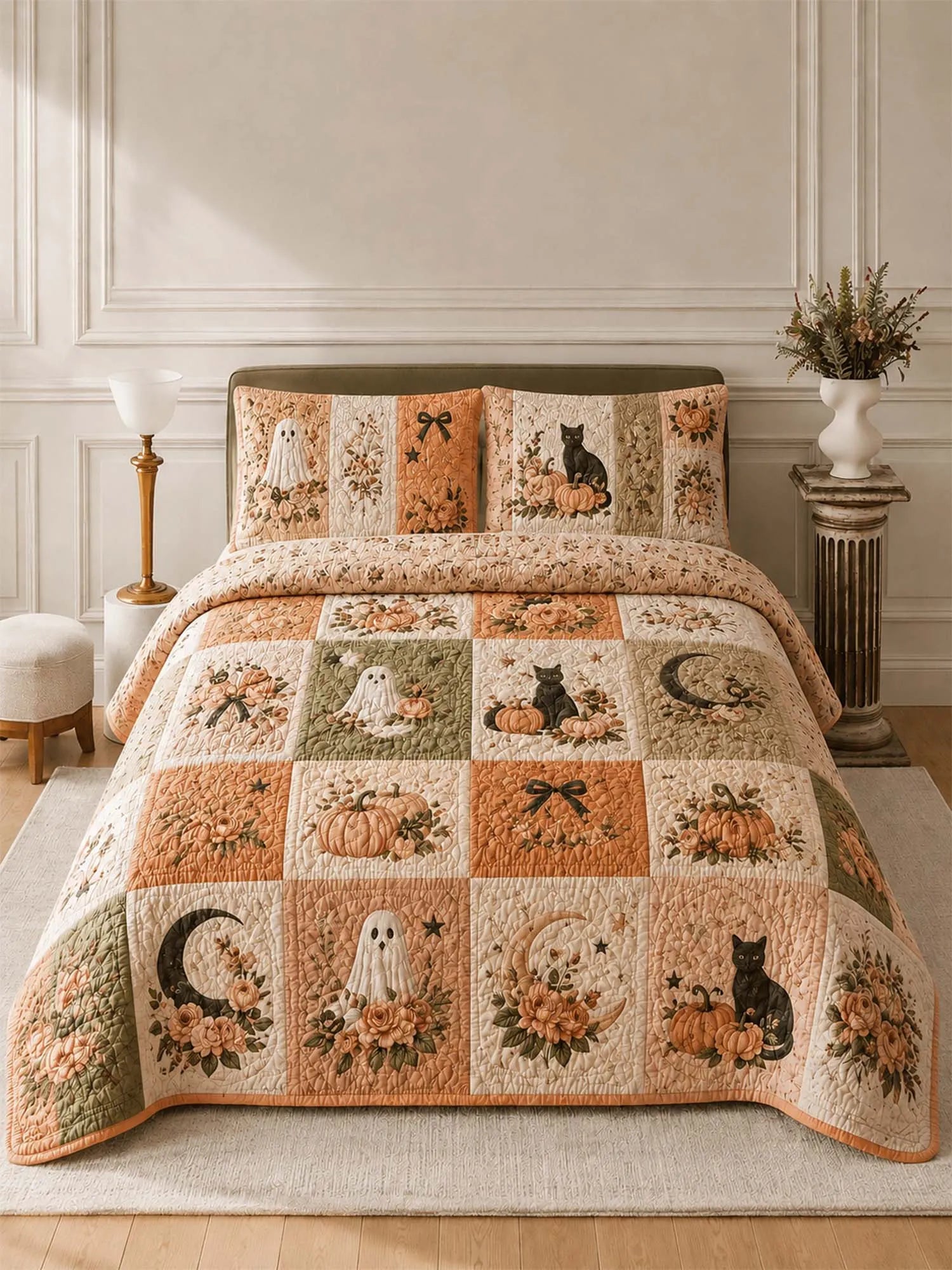 Pumpkin Cat Ghost Garden Quilted 3-Piece Bedding Set
