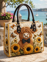 Butterfly Bow Highland Cow Quilted Leather Strap Bible Handbag