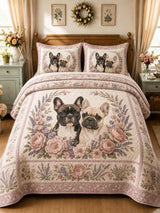 Pink Peony French Bulldog Couple Floral 3‐Piece Quilted Bedding Set