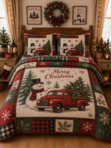 Snowman Red Truck Farmhouse Christmas 3‐Piece Quilted Bedding Set