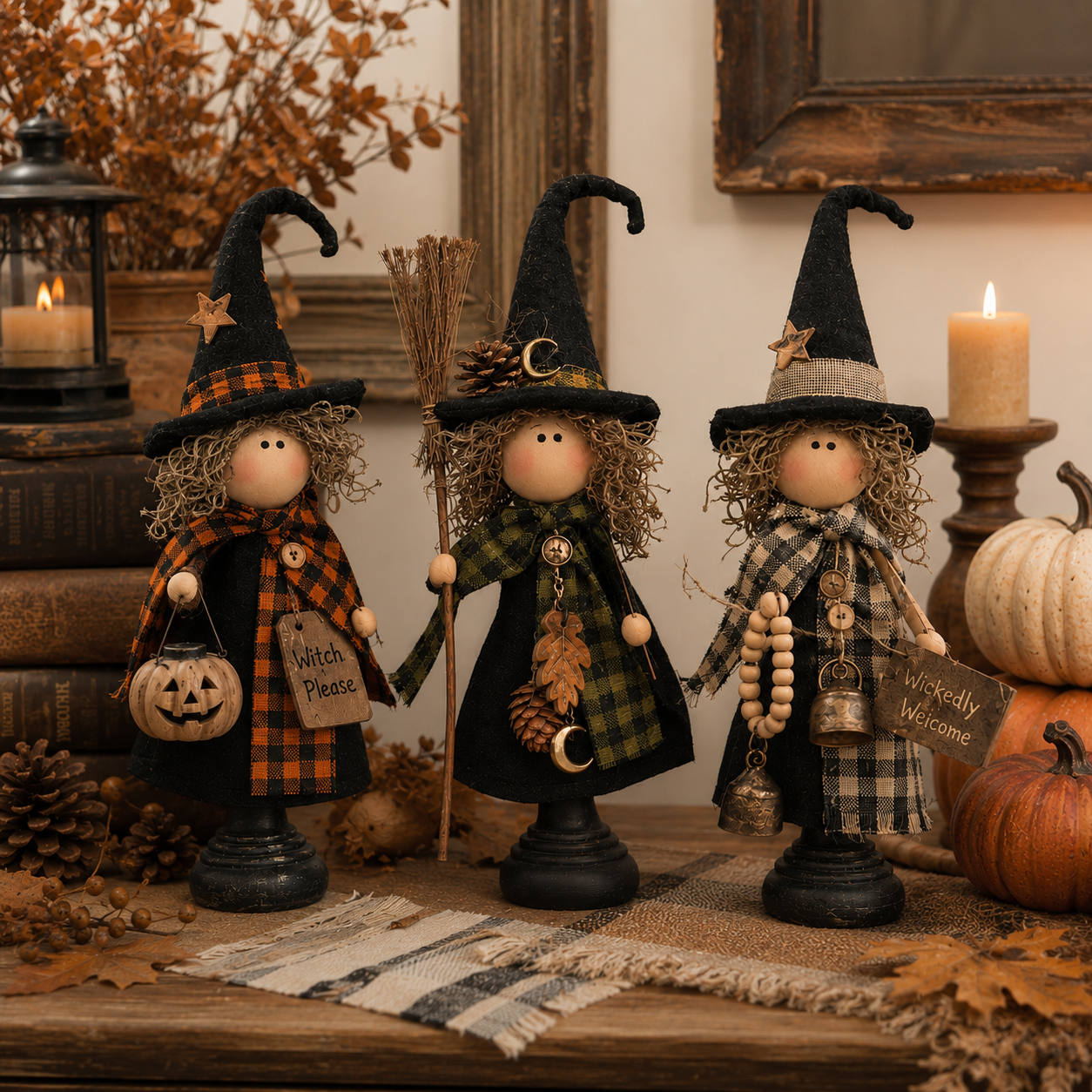 Rustic Halloween Witch Figurines, Set of 3 – Vintage Farmhouse Tabletop Decor