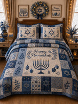 Happy Hanukkah Star of David Farmhouse Patchwork 3‐Piece Quilted Bedding Set