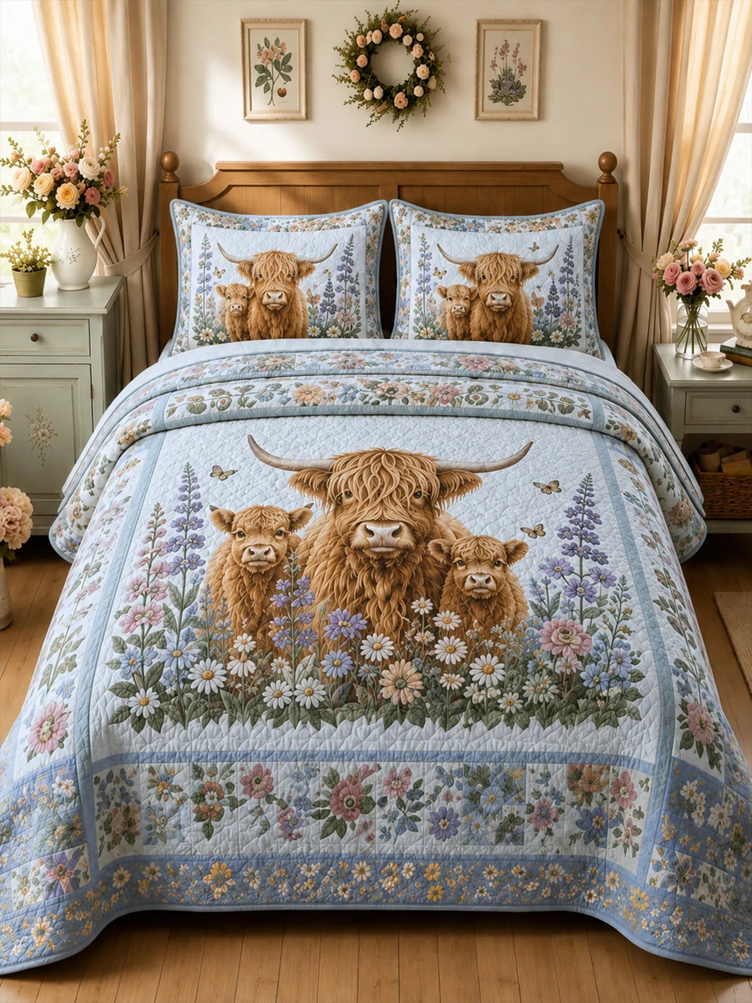 Garden Highland Cow Gathering 3-Piece Quilted Bedding Set