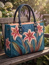 Pink Lily Floral Quilted Leather Strap Bible Handbag