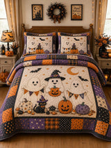 Cottage Boo Ghost Pumpkin Trick‐or‐Treat 3‐Piece Quilted Bedding Set