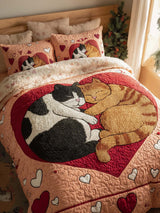 Cat Love Valentine's Day 3- Piece Quilted Bedding Set