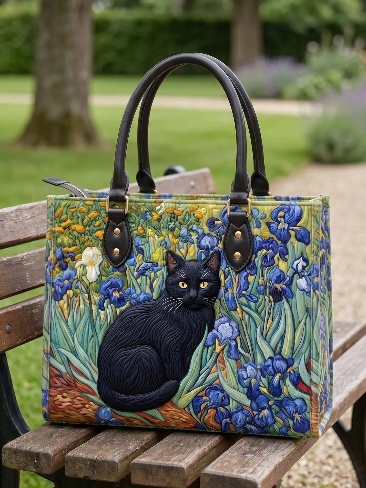 Irises And A Cat Quilted Leather Strap Bible Handbag