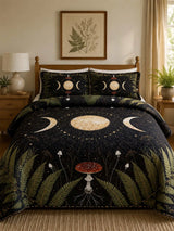 Moonlit Mushroom Forest Quilted 3-Piece Bedding Set – Dark Botanical Quilted Bedding With Matching Pillow Shams