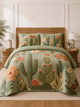 Cactus Garden Floral Quilted 3-Piece Bedding Set – Vintage Desert Style Quilted Bedding with Matching Pillow Shams