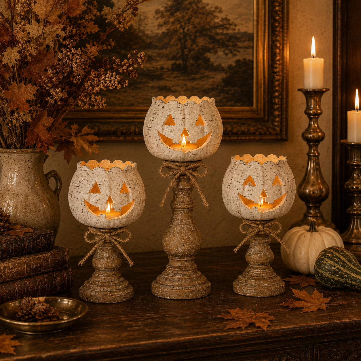 Rustic White Pumpkin Tealight Candle Holder Set of 3