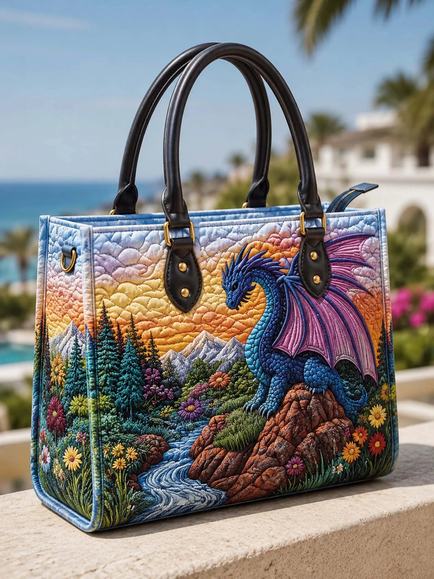 Mystic Dragon Quilted Leather Strap Bible Handbag