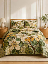 Ivory Magnolia Quilted 3-Piece Bedding Set – Vintage Botanical Quilted Bedding With Matching Pillow Shams