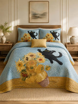 Black Cat Sunflower Garden Quilted 3-Piece Bedding Set
