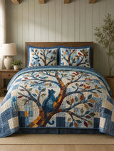 Woodland Tree & Cat Quilted 3-Piece Bedding Set – Vintage Cottage Garden Quilted Bedding With Matching Pillow Shams