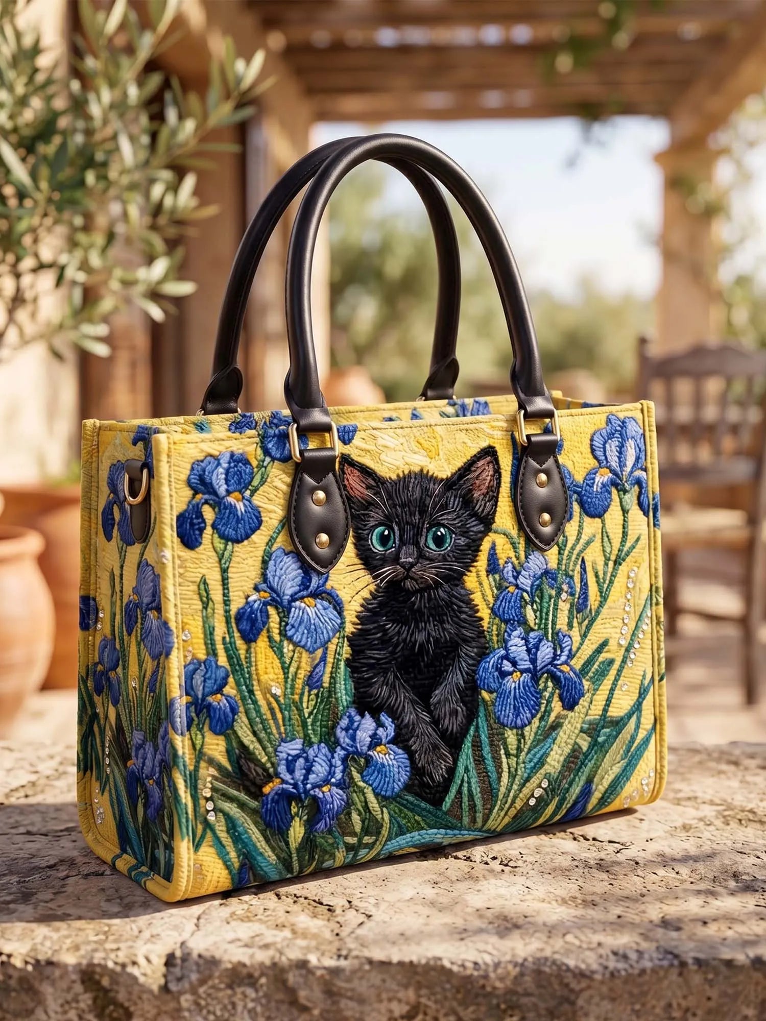 Iris And Black Cat Quilted Leather Strap Bible Handbag