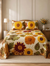 Sunflower Floral Quilted 3-Piece Bedding Set – Luxury Quilted Bedding With Matching Pillow Shams