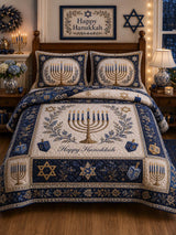 Happy Hanukkah Gold Blue Vintage 3‐Piece Quilted Bedding Set