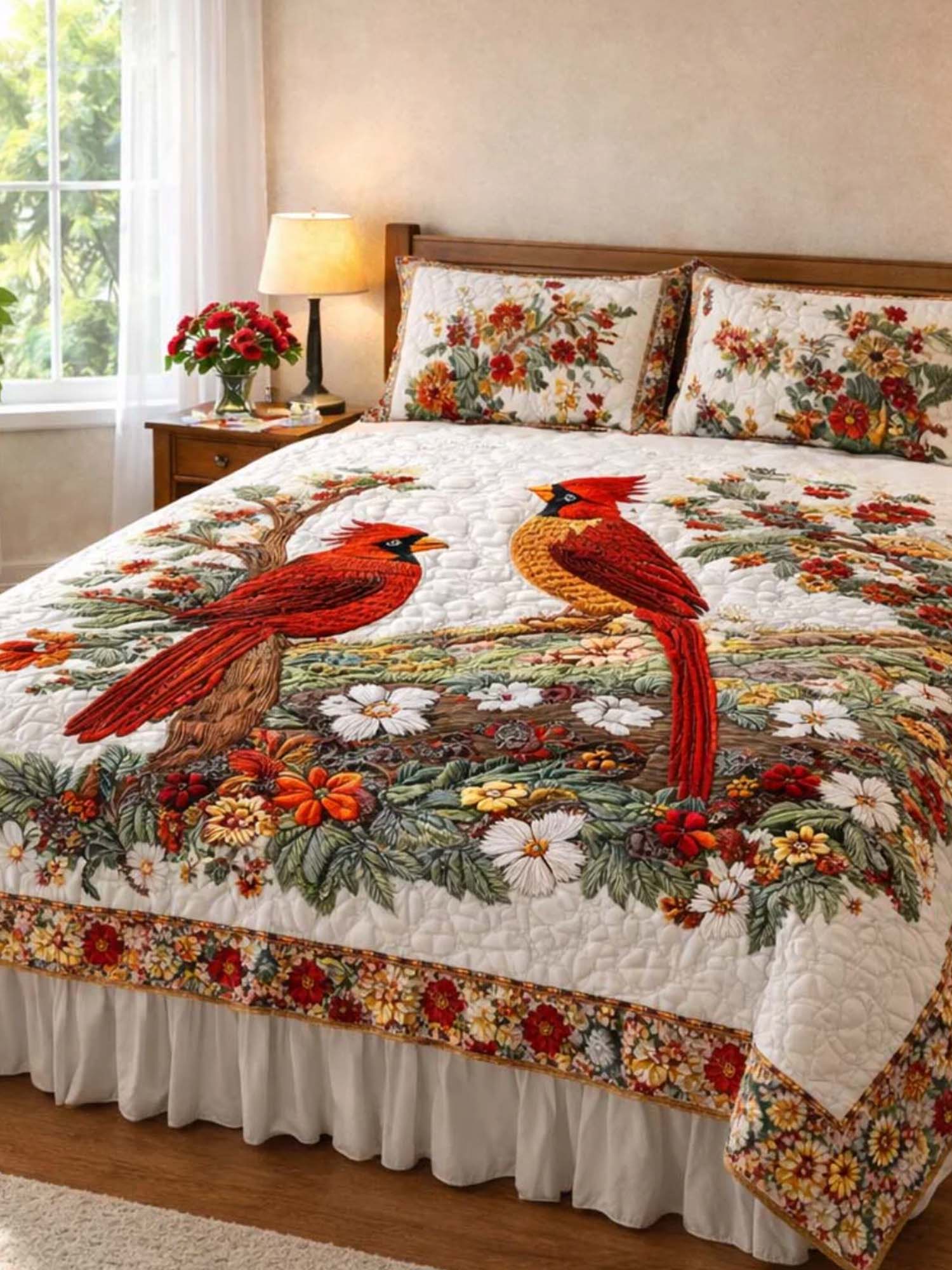 Cardinal Love Dance 3- Piece Quilted Bedding Set