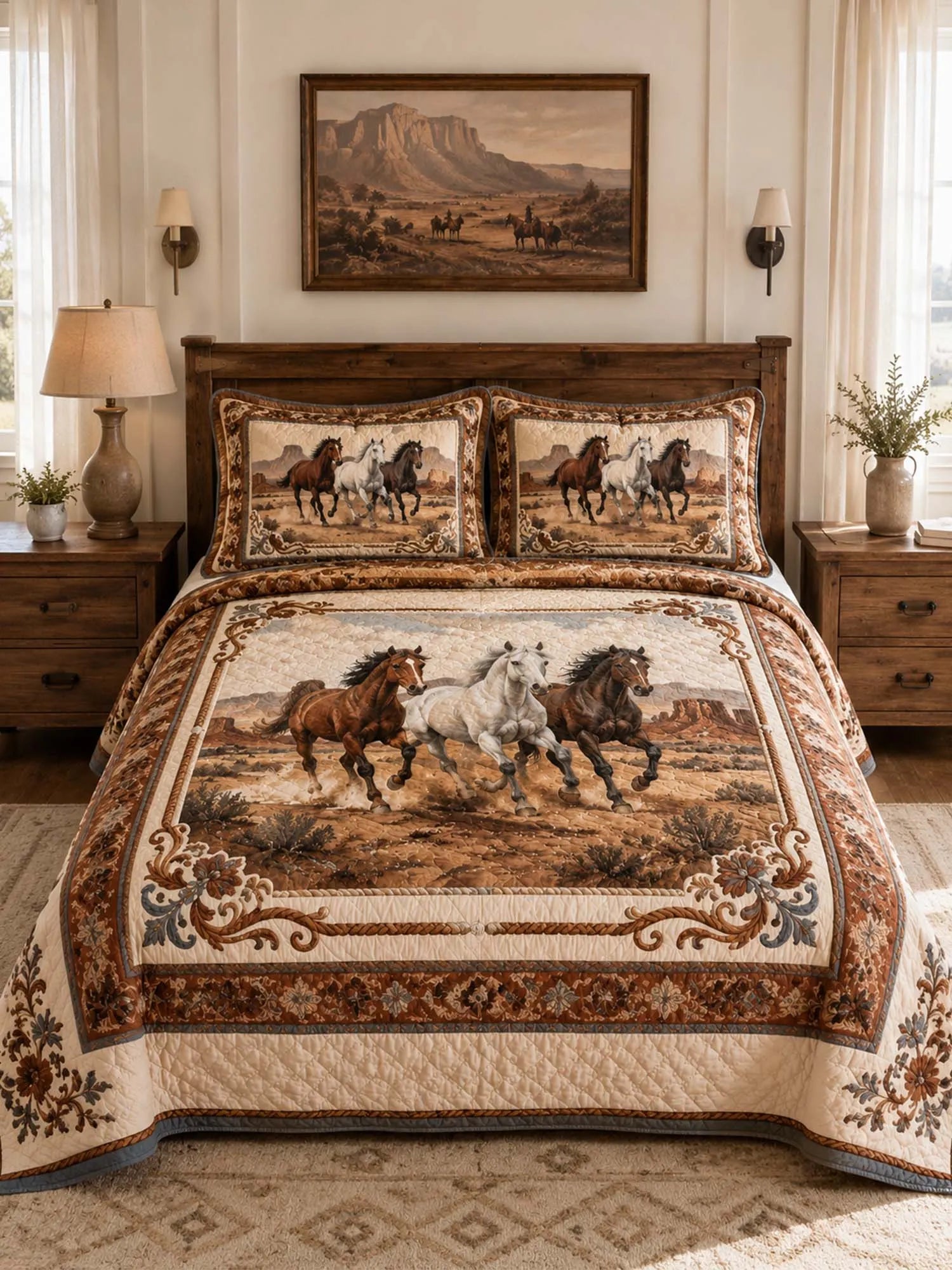 Equestrian Horse Patchwork Quilted 3-Piece Bedding Set – Vintage Country Quilted Bedding with Matching Pillow Shams