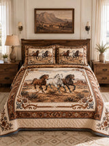 Equestrian Horse Patchwork Quilted 3-Piece Bedding Set – Vintage Country Quilted Bedding with Matching Pillow Shams