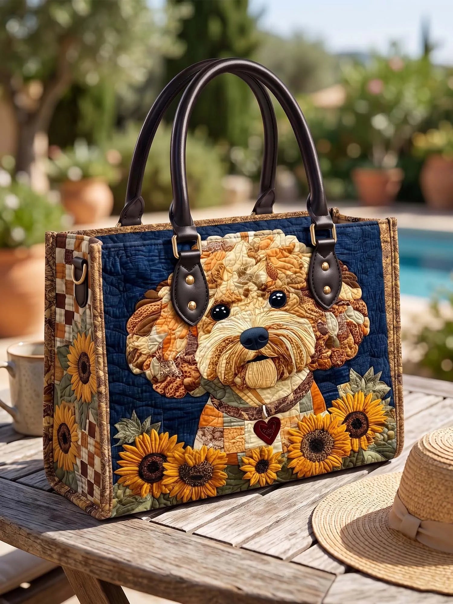 Poodle And Sunflower Quilted Leather Strap Bible Handbag